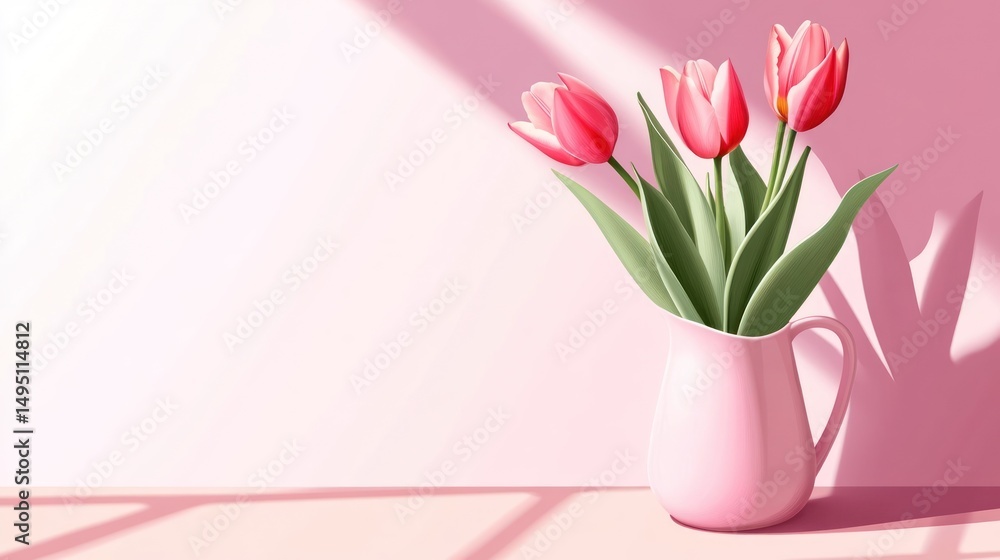 Pink tulips in a pitcher, sunlit room Pink tulips in a pitcher, sunlit room