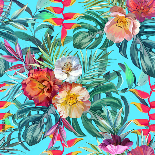 Seamless vector pattern. Tropical pattern. Flowers tropics orchid, plumeria, monstera, palm leaf. Exotic pattern, Hawaiian pattern