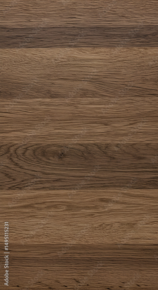 Naklejka premium Close-up view of a dark brown wood grain surface. Detailed wood texture with horizontal wood grain patterns. Interior design material sample for furniture or cabinetry.