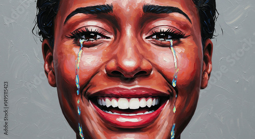 Tears of Joy: A portrait of pure emotion, showcasing a person's face overwhelmed by the bittersweet blend of tears and a radiant smile, a captivating moment of unfiltered feeling.