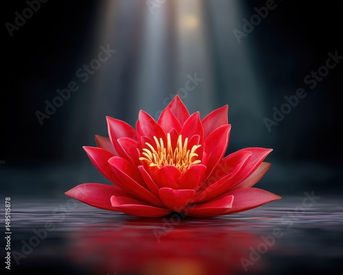 Stunning Red Water Lily Flower on Dark Water Serenity Nature