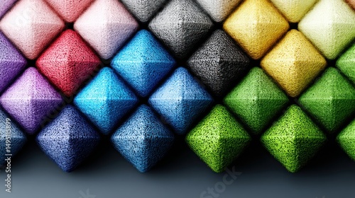 Rows of colorful textured square pyramids form an abstract geometric pattern, creating an eye catching design.