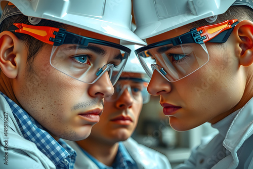 Young caucasian male engineers with safety gear in a collaborative discussion