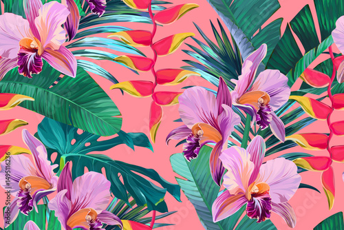 Seamless vector pattern. Tropical pattern. Flowers tropics orchid, plumeria, monstera, palm leaf. Exotic pattern, Hawaiian pattern