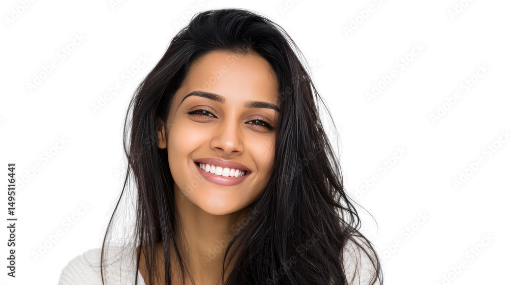 Radiant Smile: A captivating portrait of a young woman, radiating happiness with her warm smile and captivating eyes. Her long, dark hair frames her face beautifully. Radiant Smile: A captivating portrait of a young woman, radiating happiness with her warm smile and captivating eyes. Her long, dark hair frames her face beautifully.