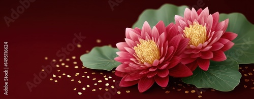 Wallpaper Mural Two Exquisite Red Water Lilies Blossom on Lush Green Pads Adorned with Golden Dust on a Deep Red Background Torontodigital.ca