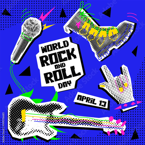 World Rock and Roll Day. Rocker collage grunge halftone style. holiday is on April 13th. set of objects with doodle illustrations in the style of pop art to the point. Banner for the holiday on blue