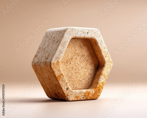 A weathered stone hexagon with a recessed center sits against a soft, neutral background in a studio setting.