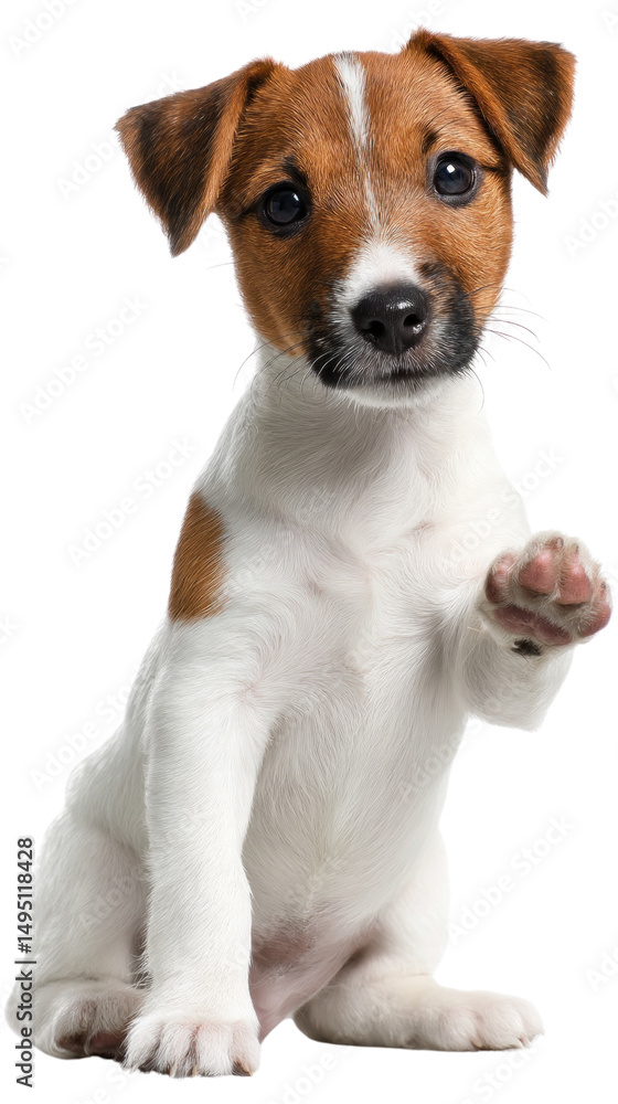 Playful Puppy's Paw: A charming Jack Russell terrier puppy with alert, friendly eyes offers a curious paw, set against a clean backdrop, exuding an aura of friendliness. Playful Puppy's Paw: A charming Jack Russell terrier puppy with alert, friendly eyes offers a curious paw, set against a clean backdrop, exuding an aura of friendliness.
