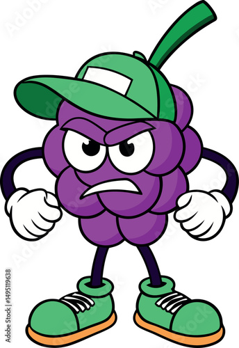 Angry Grape Cartoon Character with Green Cap and Sneakers – Vector Illustration