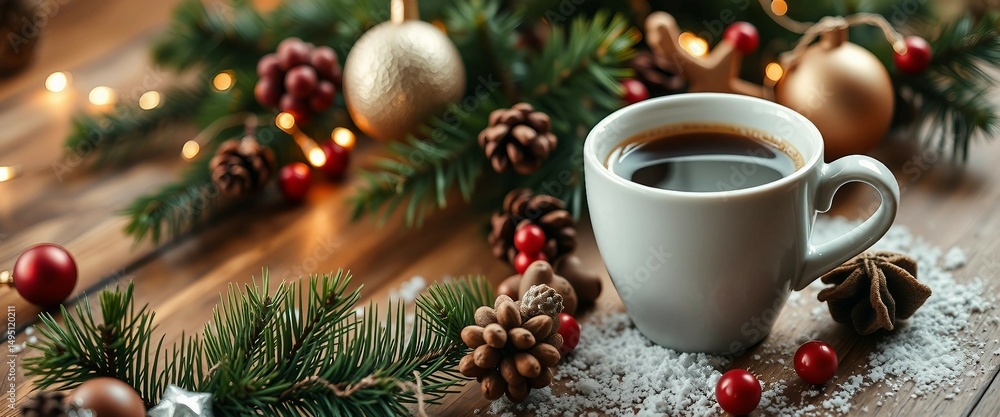 Gemütliches Weihnachtsstillleben mit einer Tasse Kaffee, Tannenzweigen, Lichtern, Kugeln und Zimt auf Holz – perfekt für festliche Stimmung.