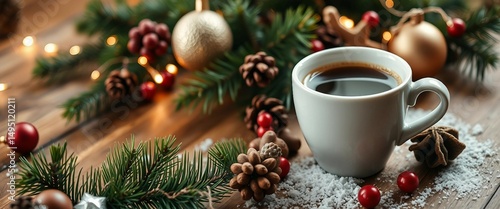 Wallpaper Mural Gemütliches Weihnachtsstillleben mit einer Tasse Kaffee, Tannenzweigen, Lichtern, Kugeln und Zimt auf Holz – perfekt für festliche Stimmung. Torontodigital.ca