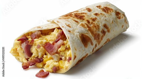 A close up shot of a breakfast burrito filled with scrambled eggs and crispy bacon on a white surface