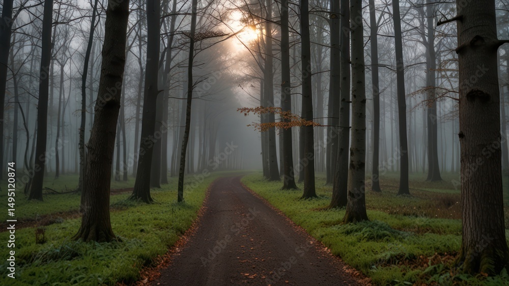 Obraz premium Misty forest path. Sunlight peeks through the fog, illuminating a winding trail