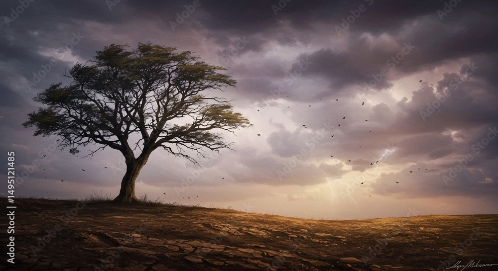 Fototapeta premium Lonely Tree Under Dramatic Sky: A solitary tree stands proudly against a dramatic, cloud-filled sky. The scene evokes a sense of resilience and natural beauty.