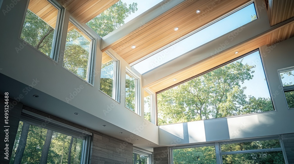 Architectural shot of clean-lined ceiling windows running across a vaulted ceiling in a modern home Architectural shot of clean-lined ceiling windows running across a vaulted ceiling in a modern home