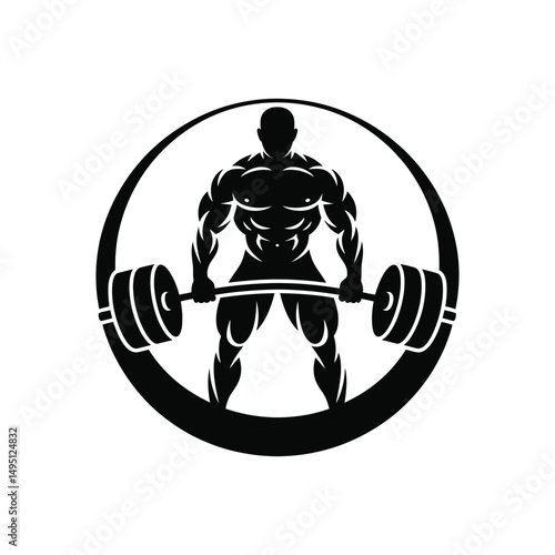 Strong bodybuilder in silhouette lifting heavy barbell inside circular frame for fitness concept