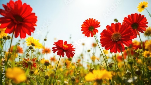 Sunlit Meadow Burst of Red and Yellow Flowers