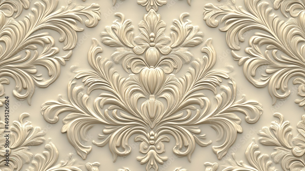 Fototapeta premium Ornate, embossed, cream-colored, decorative, repeating, pattern, wall design.