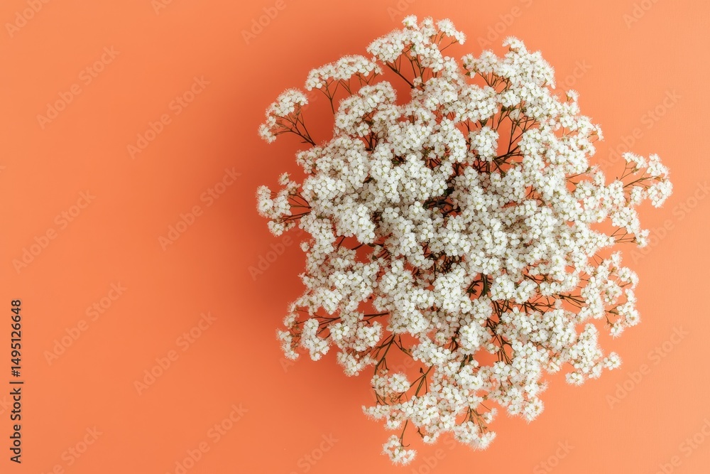 Fototapeta premium A cluster of delicate white flowers on a coral background.