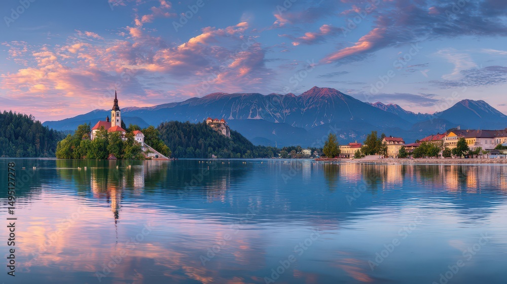 Fototapeta premium Serene Reflections of Lake Bled at Sunset with Castle, Church and Mountains in Slovenia, Pink and Blue Sky, Calm Waters, Peaceful Landscape
