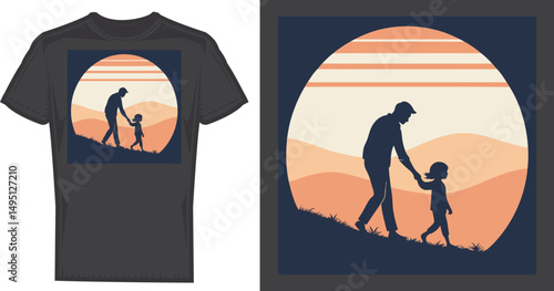 Father and Child Silhouette Design: A heartwarming design featuring a father and child silhouette walking together, perfect for apparel, representing a bond of love and guidance.