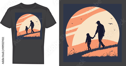 Father-Child T-Shirt Design: A heartwarming design of a silhouette of a father and child walking, embodying family, love, and a cherished bond.