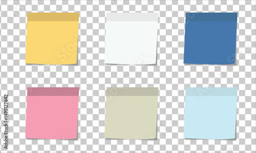 Multicolor post it notes isolated on transparent background. Colored sticky note set. Vector realistic illustration. Sticky note collection with curled corners and shadows.