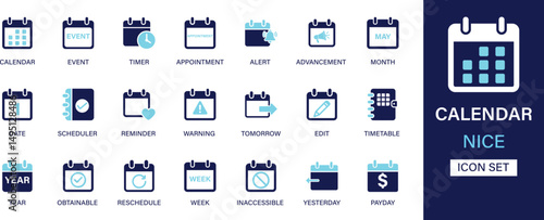 Calendar icon set collection. Event, timer, appointment, alert, advancement, month, date, scheduler, reminder, warning, tomorrow and best solid icon set.