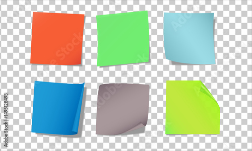 Multicolor post it notes isolated on transparent background. Colored sticky note set. Vector realistic illustration. Sticky note collection with curled corners and shadows.