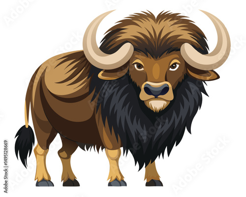 a buffalo with thick fur and large horns