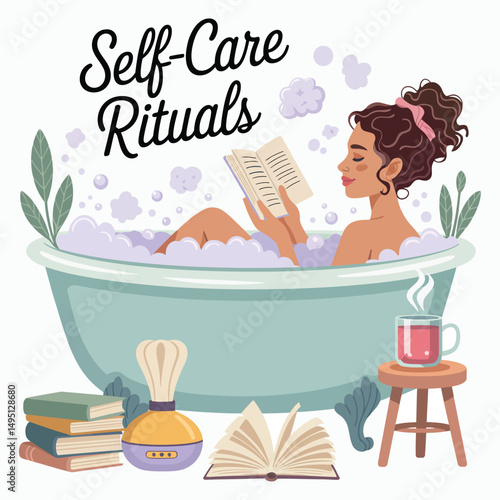 Self-care concepts (baths, journaling, therapy) 
