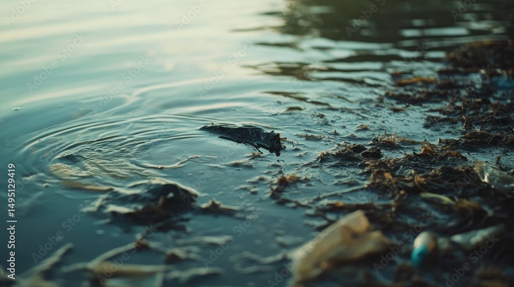 Obraz premium Close-up of dirty lake water with microplastics and chemical stains visible on the surface