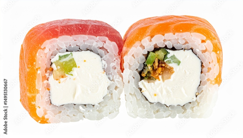 Japanese sushi roll slice isolated on white background with full depth of field for Asian cuisine or healthy food concept Japanese sushi roll slice isolated on white background with full depth of field for Asian cuisine or healthy food concept