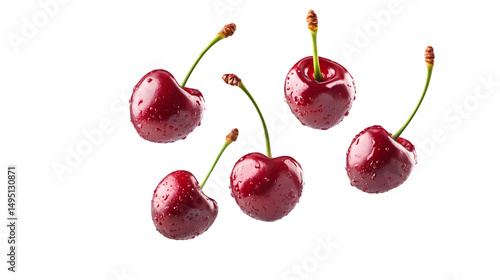 Fresh Red Cherries Floating in Air Isolated on Transparent Background
