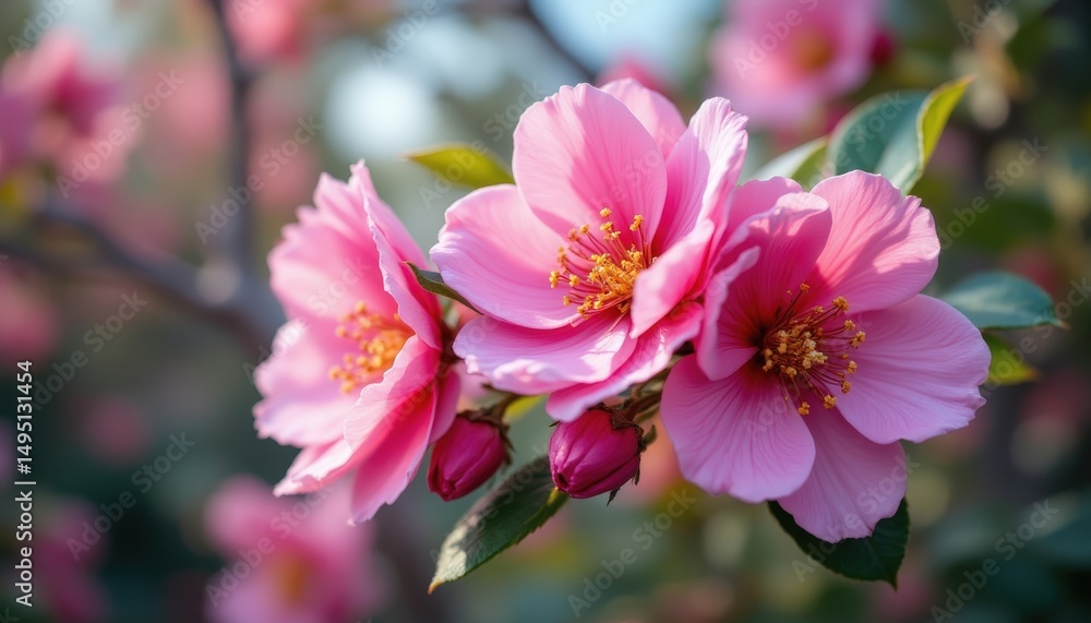 Close-up of pink camellia flowers blooming on a branch du sp with green leaves and blurred background Close-up of pink camellia flowers blooming on a branch du sp with green leaves and blurred background