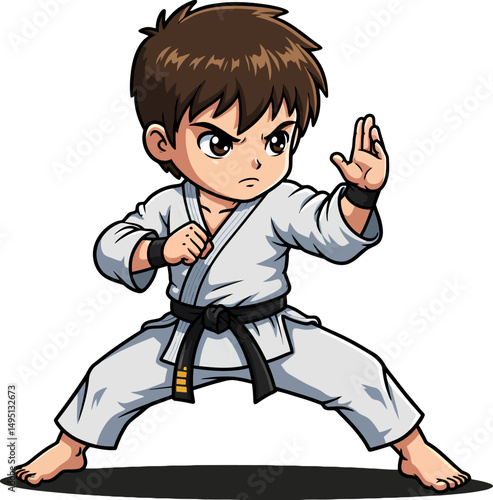 Young Karate Kid Mastering Martial Arts, Powerful Pose, Anime Style Illustration