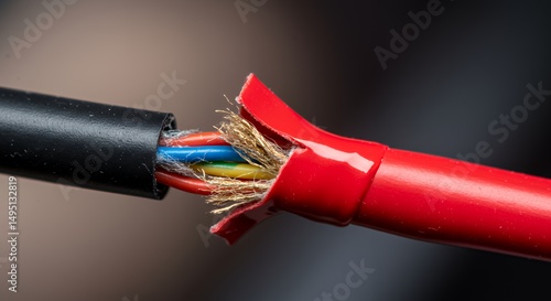 Cut Cable with Visible Wires Red, Black and Gold