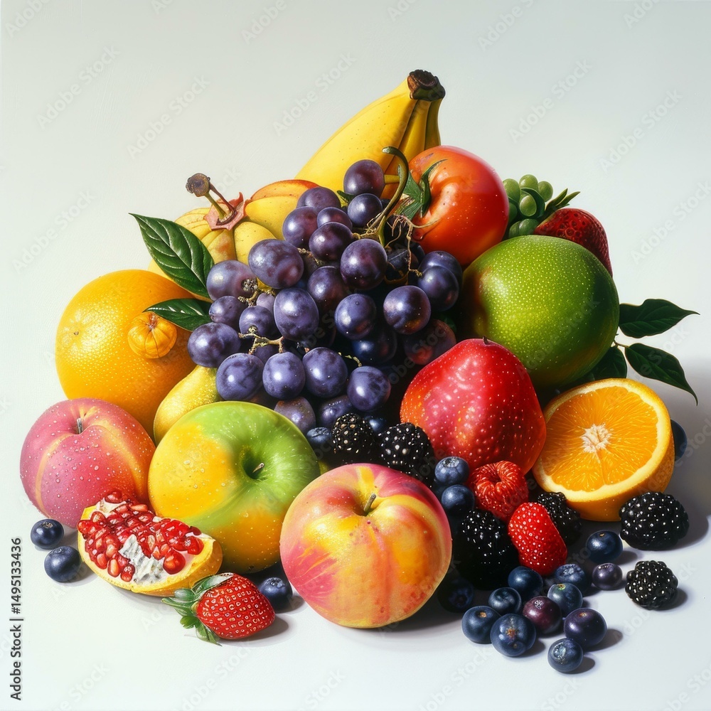 Pile of assorted fresh fruits including apples, bananas, grapes, oranges, and berries creating a colorful still life isolated on white background Pile of assorted fresh fruits including apples, bananas, grapes, oranges, and berries creating a colorful still life isolated on white background