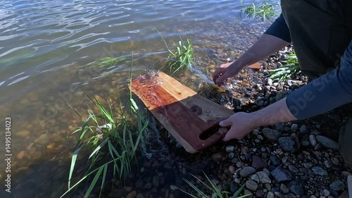 Wash dishes with water in the river