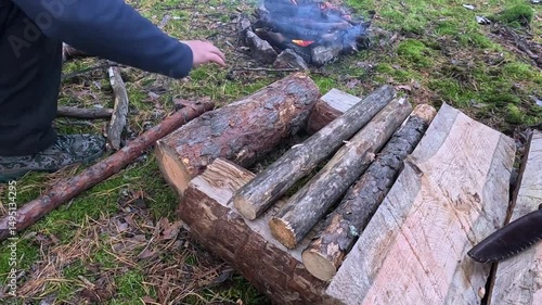 They are busy building a shelter in the forest.