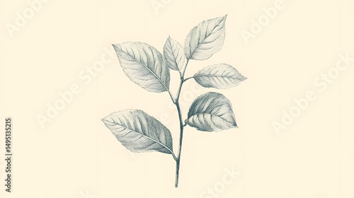 Delicate grayscale illustration of leaves and stem.