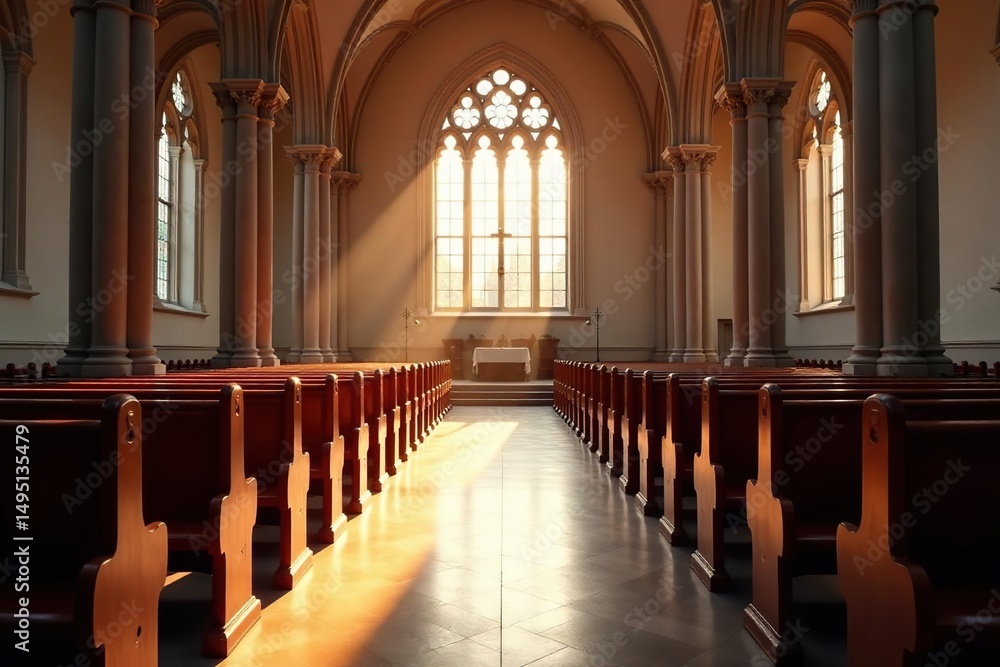 Fototapeta premium Empty church choir stalls, sunlight streaming, peaceful setting, worship, meditation