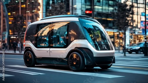An autonomous vehicle elegantly glides through a bustling city street at sunset. The sleek design and advanced technology symbolize the future of urban transportation and innovation.