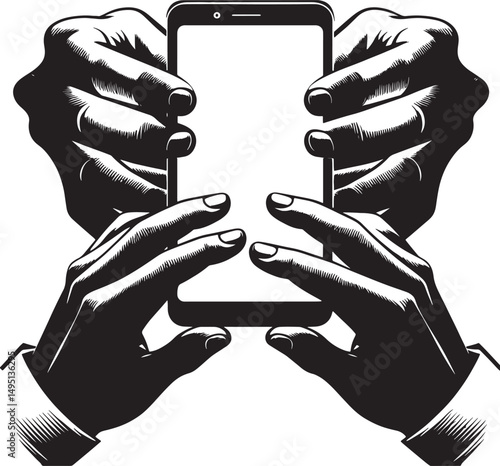Two pairs of hands holding a smartphone with a blank screen in a black and white art