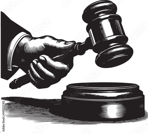A hand holding a gavel above a sounding block in black and white illustration style