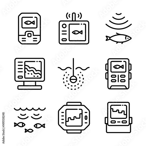 Fish finder line icons set. Depth finder. Fish searching. Outline digital echo sounder vector icons collection for web design isolated on white background. Digital gadget, designed for web and app.