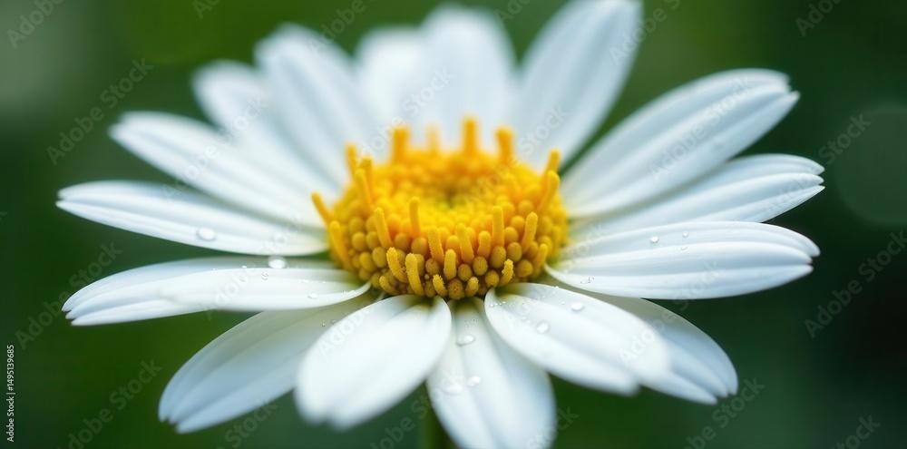 Fototapeta premium Close-up of white chamomile flower; glistening water drops highlight intricate details , spring, close up, close-up