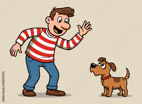 Happy Man Greeting His Adorable Small Dog A Cartoon Illustration