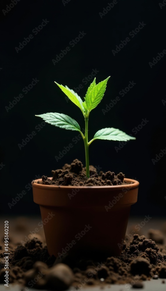 Delicate cannabis sprout emerges from soil in small pot, black backdrop, hemp, germination Delicate cannabis sprout emerges from soil in small pot, black backdrop, hemp, germination